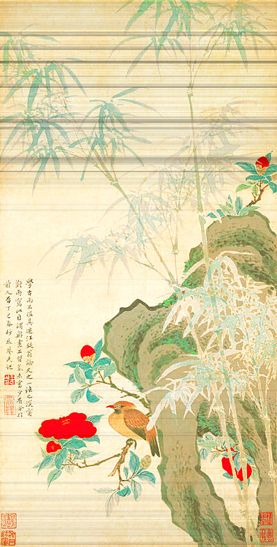 清代画.王武_花竹栖禽图_绢本ti_4783.9425