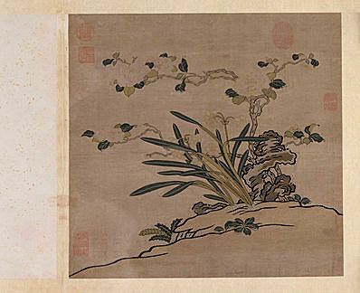 明代画.故宫藏织绣画_开_缂丝花卉册之茶花水_5267.4292